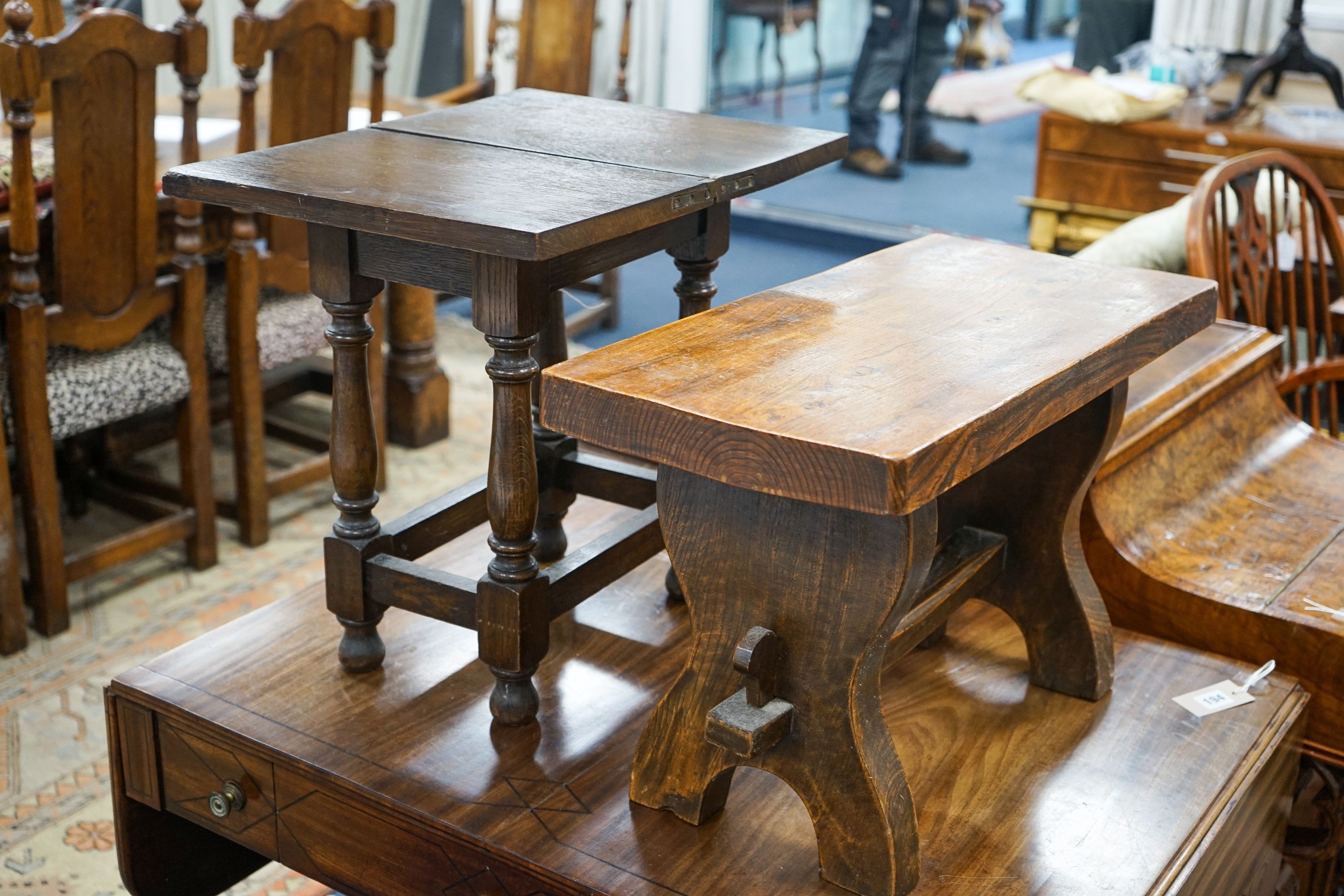 Two Titchmarsh and Godwin occasional stools, larger width 60cm, depth 29cm, height 38cm